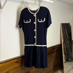 NWT Andrea Jovine Wool Elegant Navy Blue Dress with Cream Accents- L‎